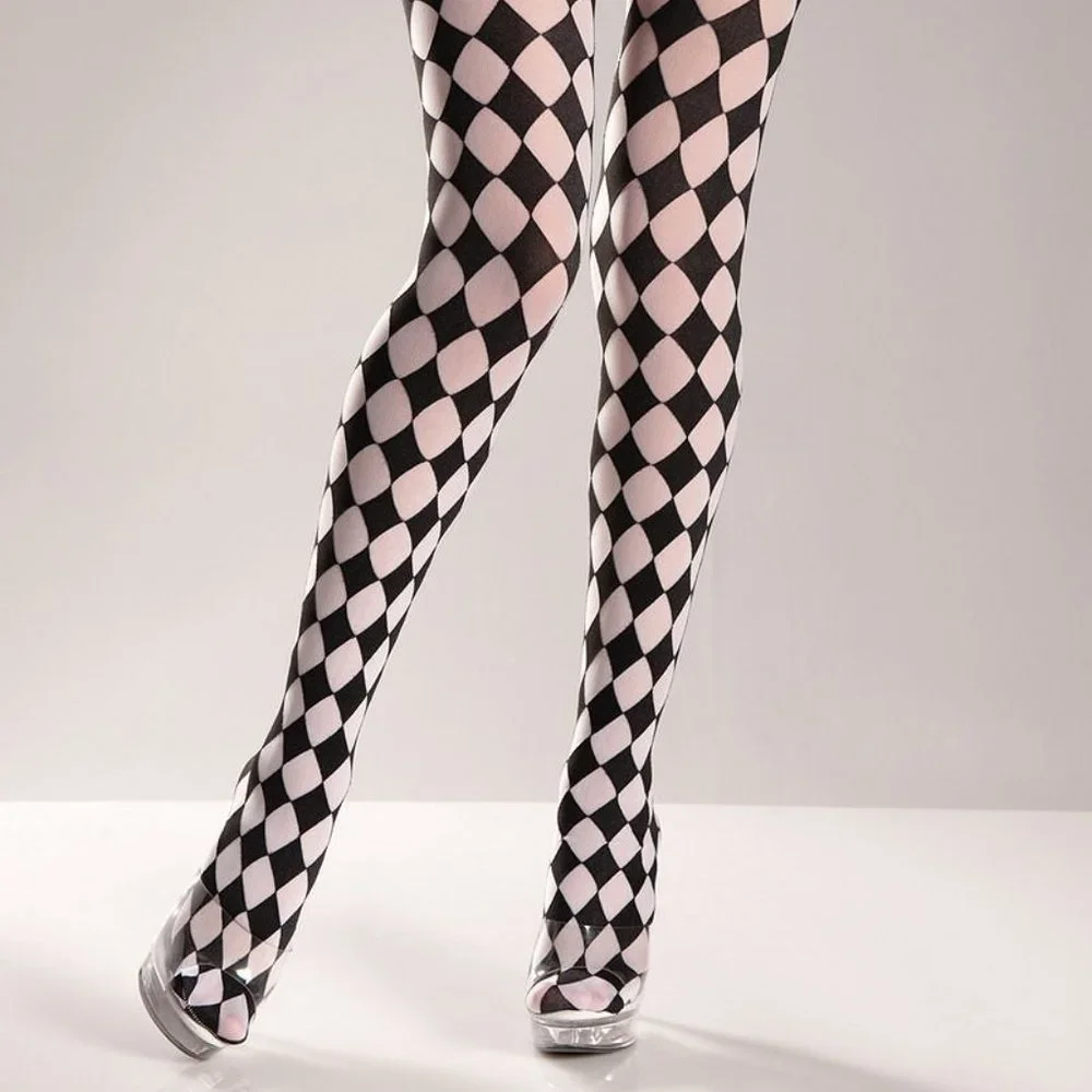 Black White Checkered Harlequinn Tights Opaque Full Footed Pantyhose - Picture 2 of 6
